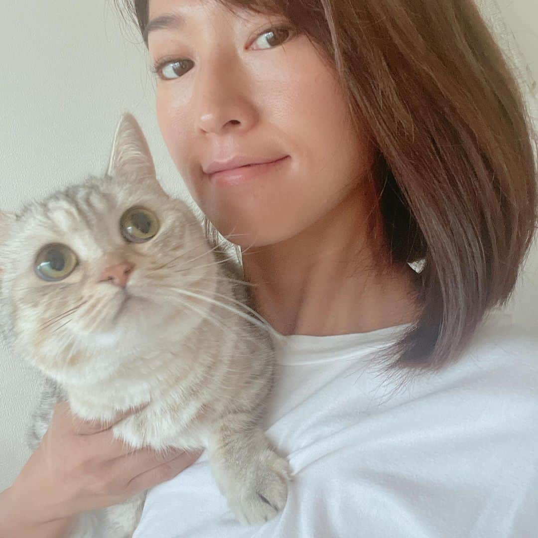 森下千里のインスタグラム：「時間が勿体なくて… 母に髪の毛を切ってもらいました✂️  この辺りまで！と言ったのに、 気がついたら、バッサリでした。 ポスターと髪型違うと焦りましたが、 伸びるのも早いということで。  ドライヤーも早くなるし、 意外と気に入っています。  #髪の毛 #母と娘  #プラス🐈」