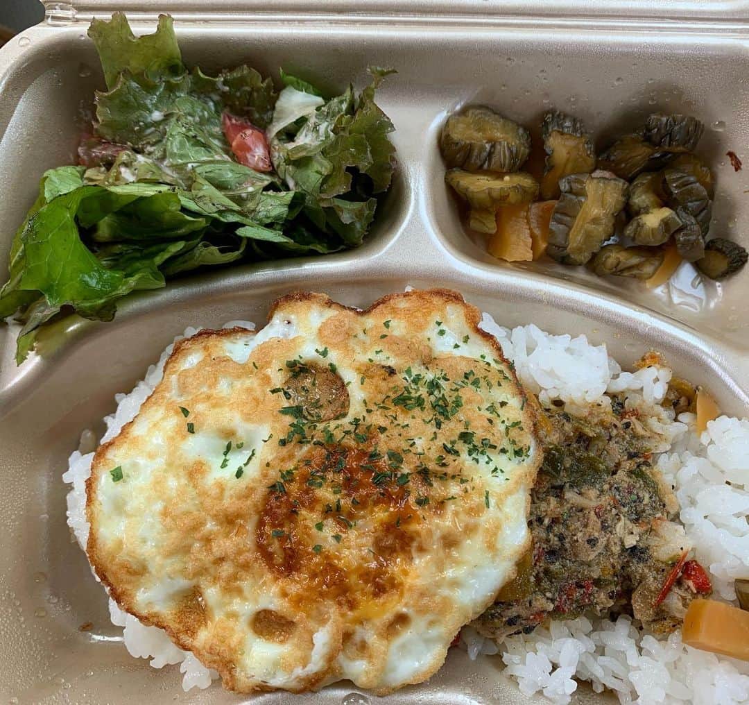 渡辺裕之のインスタグラム：「ロケランチはガパオライス！ 美味なり #ロケ弁当 #ガパオライス」