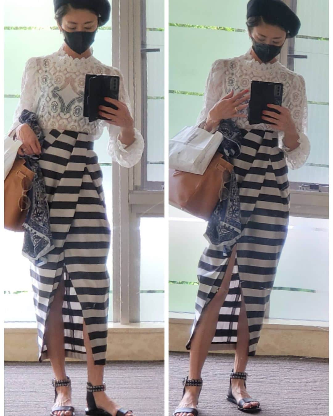 のインスタグラム：「#いつかのしふく #ゆうのしふく  #yusoutfit   #暑かった日の洋服 #スケスケトップス #このシャツ本当に使えるの #何年前のものだろう  #shirt  @zara   #skirt & #sandals  @louisvuitton   #bag  @hermes   #outfit  スカートのスリットが潔くて大好き❤️」