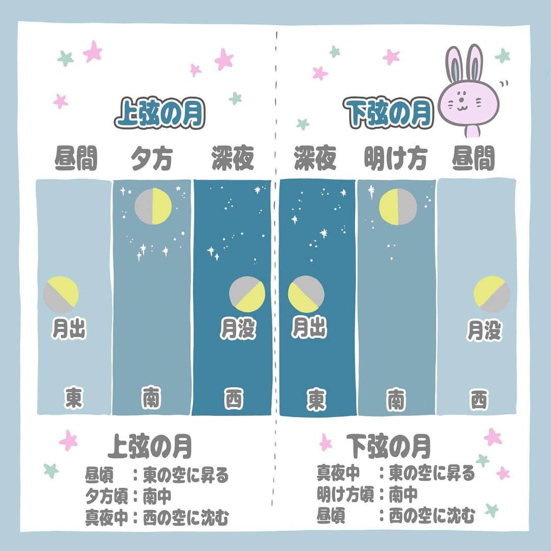 山岸愛梨さんのインスタグラム写真 - (山岸愛梨Instagram)「🌕本日8月30日（月）16時13分　下弦の月🌕  東京の月の出は22時33分です。 ぜひ空を見上げてみてくださいね。  上弦や下弦の名前に使われている弦（つる）というのは弓に張る糸のこと。半月の形が弓に似ていることから、弓の真っ直ぐな部分である「弦」の漢字が用いられたと言われています。  上弦と下弦の名前の由来は諸説あります。 西の地平線に沈む時に、弦（半月の真っ直ぐな所）が上に位置しているか、下に位置しているかでどうかでつけられたというもの。 上弦の月は直線部が上で、半円部が下の状態で沈んでいきます。  このため弦の部分が上で沈む月を上弦の月、弦の部分が下で沈む月を下弦の月と呼んだという説があります。  えーっと…説明長い？w😮💦💦  #ウェザーニュース　#ウェザーニューズ　#ウェザーニュースlive  #weathernews #weathernewslive #お天気キャスター　#気象キャスター　#気象予報士　#気象　#空　#sky #豆知識　#イラスト　#天気　#天気予報　#半月　#下弦　#星空案内人　#星空」8月30日 21時48分 - airi_yamagishi