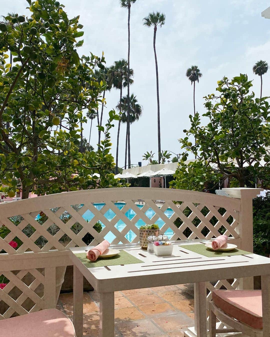 Isakoさんのインスタグラム写真 - (IsakoInstagram)「The Cabana Cafe🦩💕 at Beverly Hills Hotel🏩 　 憧れのビバリーヒルズホテルのレストランでブランチを🍽💓 　 ビバリーヒルズホテルのプールサイドにあるカフェ、Cabanaです🥰 お店が可愛いくてお料理もおいしかったです🍽💫 お店までのアプローチも素敵だし店内から覗けるプールも本当に可愛かったです🥺💓 　 　 ここ数日LAは少し肌寒くて、この日はちょっとだけ秋を意識したコーディネートです🍂 　 ベレー帽 @nordstrom  ブラウス @dinoble_official  ワンピース @92by_official      LAの数少ないお友達 @norism.1008 💓💓といっぱいお喋りして本当に楽しい時間でした🥰 　 　 #beverlyhills#beverlyhillshotel#losangeleslife#losangelescalifornia#losangelesfood#ロサンゼルス#ロサンゼルス在住#ビバリーヒルズ#cabana#cabanacafe#nordstrom#ホテル#ホテルラウンジ」9月2日 22時24分 - ichaaako