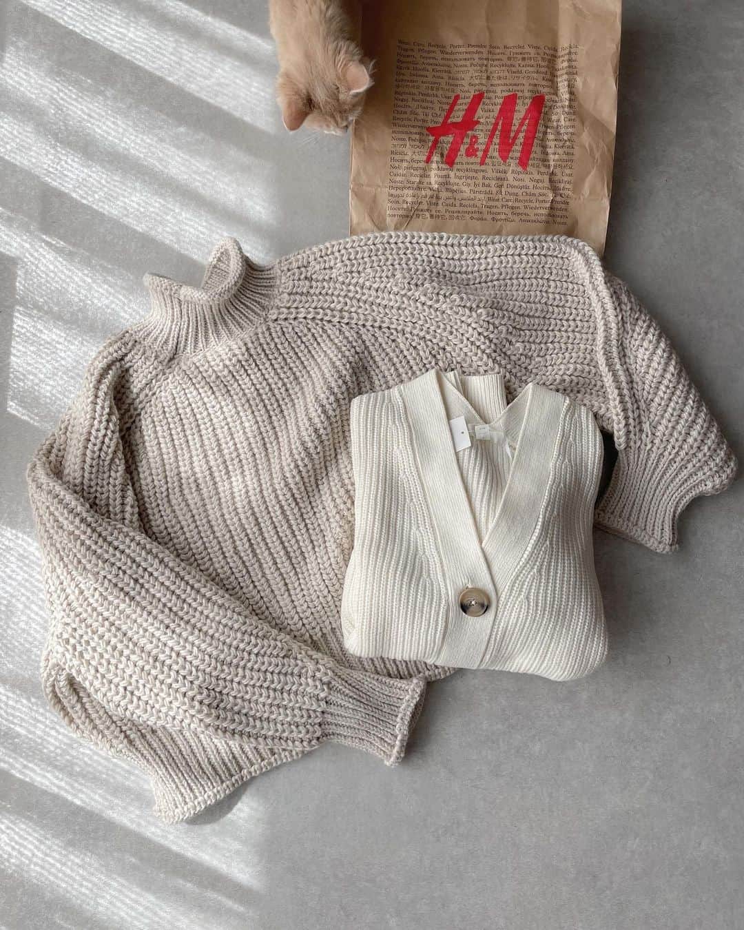 l.lily1013のインスタグラム：「𝐵𝑒𝑖𝑔𝑒 𝑘𝑛𝑖𝑡.  ▹▸H&M リブニットカーディガン 品番/0998032001 クリーム XS 2,490yen  ▹▸H&M チャンキーニット 品番/0558471003 ライトベージュ XL 2,499yen  去年白でもベージュでもない この間のミルクティみたいな色のチャンキーが欲しくて翻弄した記憶が💦 何店舗も通ったのに結局買えなかったんだよね😭  試着したら、 おっきくダボッと着るのが可愛かったから 初めてXLにしたよ😊  リブニットカーディガンは逆に丈短めで着たら可愛かったからXS  袖の長さはサイズ変えてもそんなに差は無かったよ！  相変わらずむぎまるがフレームインしてくる😂🤎 写りたがりさん🐱  #チャンキーニット #秋コーデ#エイチアンドエム#置き画くら部 #handm#ニットコーデ#置き画コーデ #置き画倶楽部 #置き画くらぶ #こねこのいる暮らし」