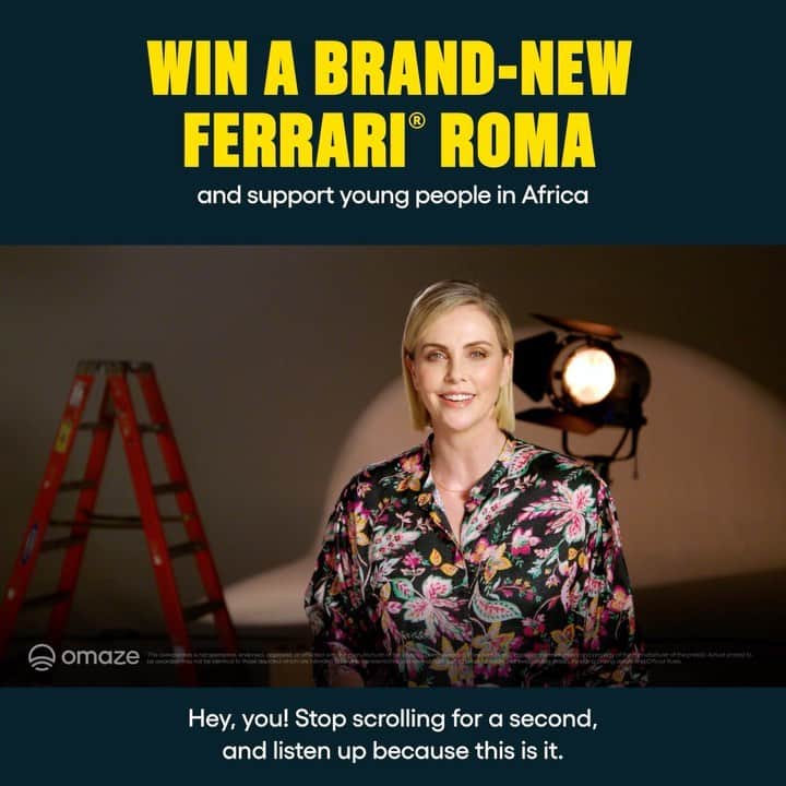 のインスタグラム：「YOU could win a Ferrari… but not for much longer! Support the Charlize Theron Africa Outreach Project and enter at the link in my bio or go to omaze.com/Charlize #omaze @omaze」