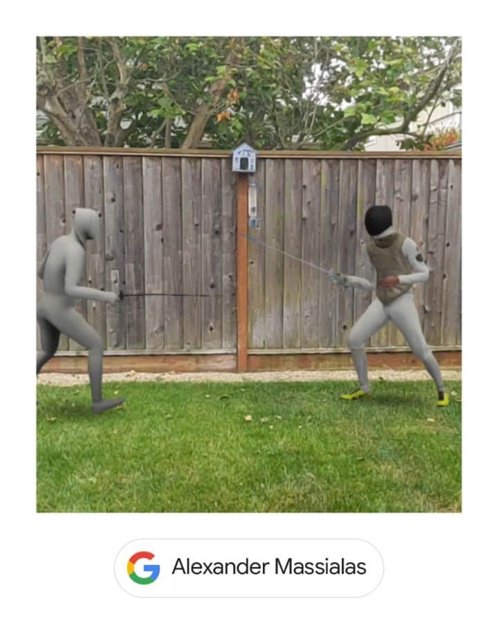 アレクサンダー・マシアラスのインスタグラム：「Thank you @google for bringing fencing to life in Augmented Reality.   Catch me in your backyard, all you have to do is:  On your phone, Google my name, Tap “View in 3D”, Tap “View in your space”, And en garde!」