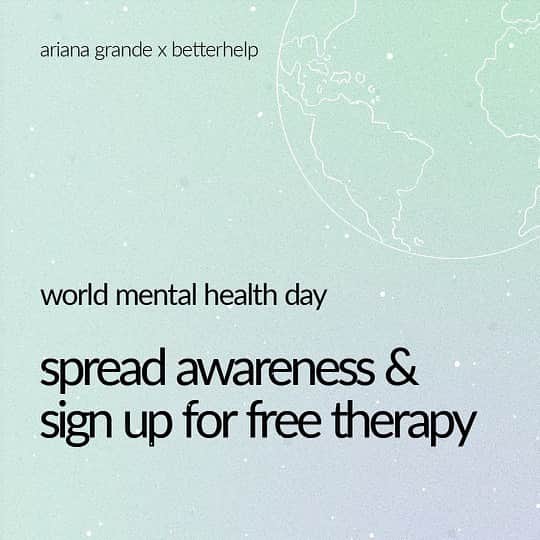 アリアナ・グランデのインスタグラム：「it’s World Mental Health Day and i’m beyond thrilled to team up with BetterHelp again to give away up to $5 million in free therapy 🤍 i acknowledge that there are very real barriers when it comes to accessing mental health resources, and while this is only one small gesture (and a much larger systemic problem remains) i wanted to do this again with @betterhelp in hopes of bringing access to a few more people and perhaps inspiring a few of you to try something new and prioritize your own healing. head to betterhelp.com/ariana to get your free month started.」