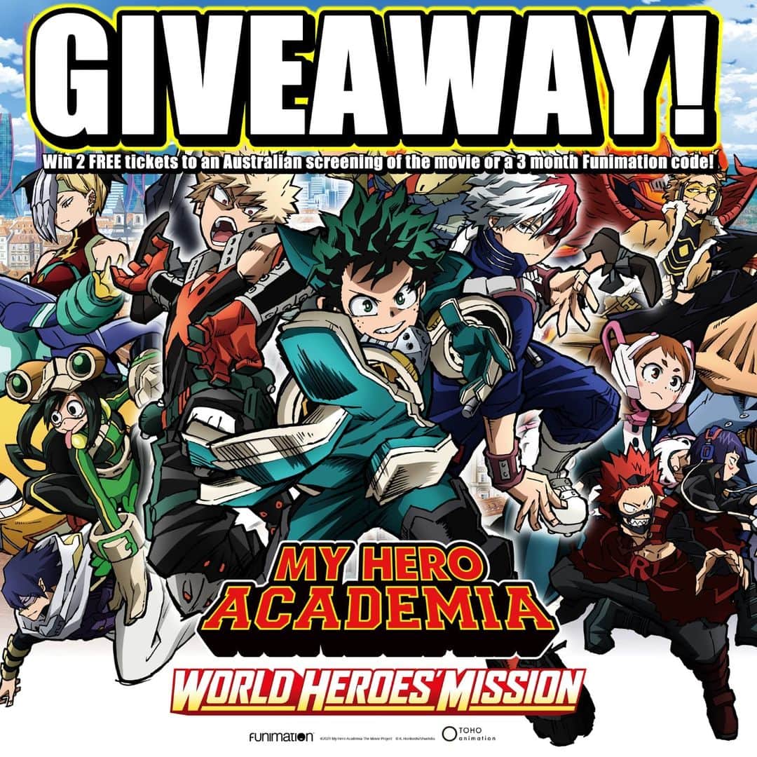 Fonzi Mのインスタグラム：「[Giveaway has now ended! Winners announced in the comments below.]  Do you guys like free stuff?  I'm giving away 2x 3 month Funimation Premium subscription codes AND 5 double passes for the My Hero Academia: World Heroes' Mission Movie in cinemas, sponsored by the folks over at @Funimation_ANZ!  To enter: 1. Follow @FonziMGM 2. Comment your favourite quirk or character! 3. Tag a friend in your comment!  Winners will be announced after the giveaway ends on Oct 24 11:59pm AEDT. Good luck! (ANZ only. Funimation Premium codes are only available to Australia/New Zealand only. Double Passes for the movie are only available to Australian residents only and will be mailed to winners in physical form. Winners will be picked from both my Twitter & Instagram. Giveaway is in no way endorsed or sponsored by Instagram.)  #MHAWHM #ad」