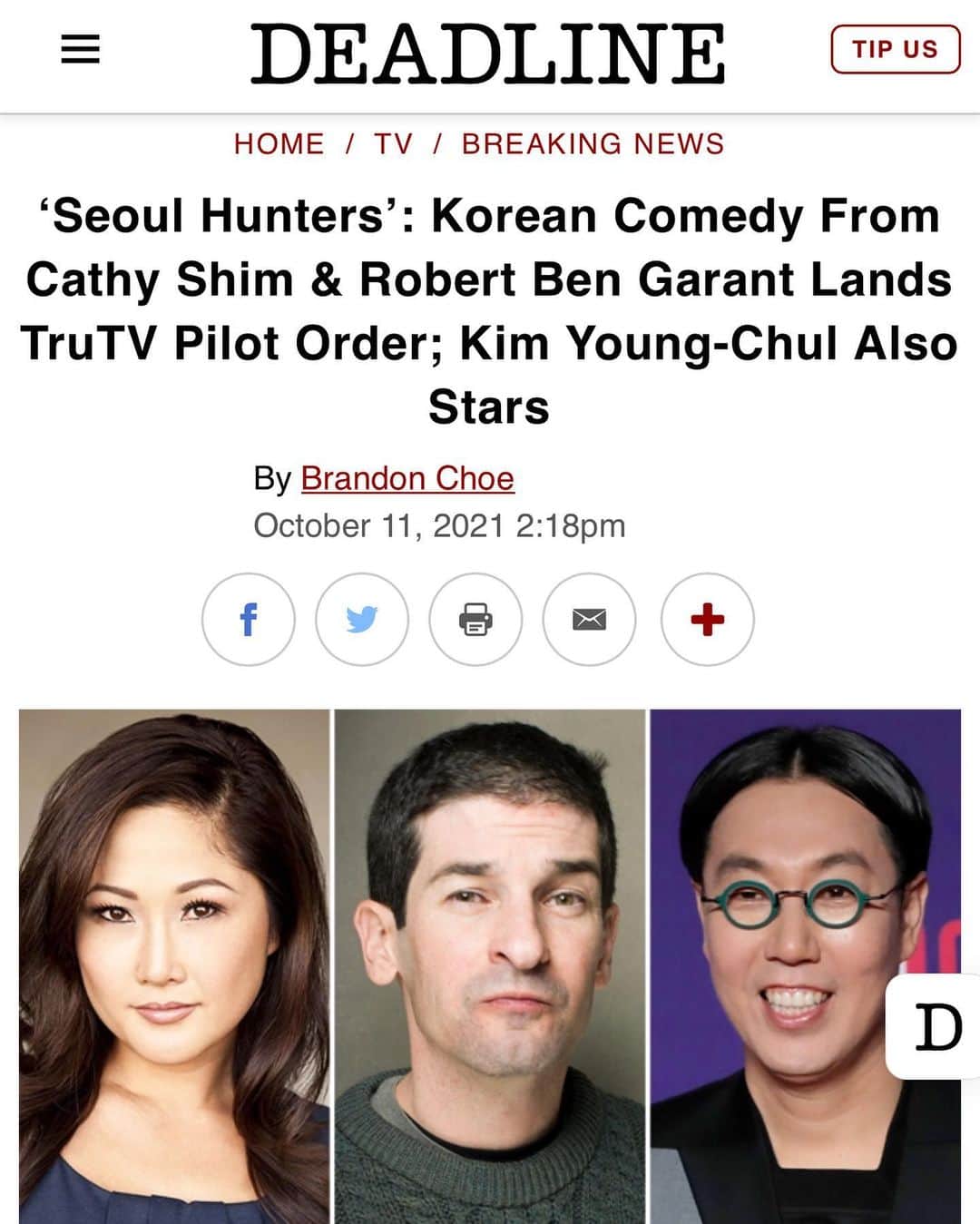 キム・ヨンチョルのインスタグラム：「미국에서 뉴스가 하나 왔어요.  they’re testing our pilot now.  So exciting #crossfingers  🙏 @trutv @warnermedia @bigbreakfastvideo @propagatecontent @iamcathyshim @peterkz」
