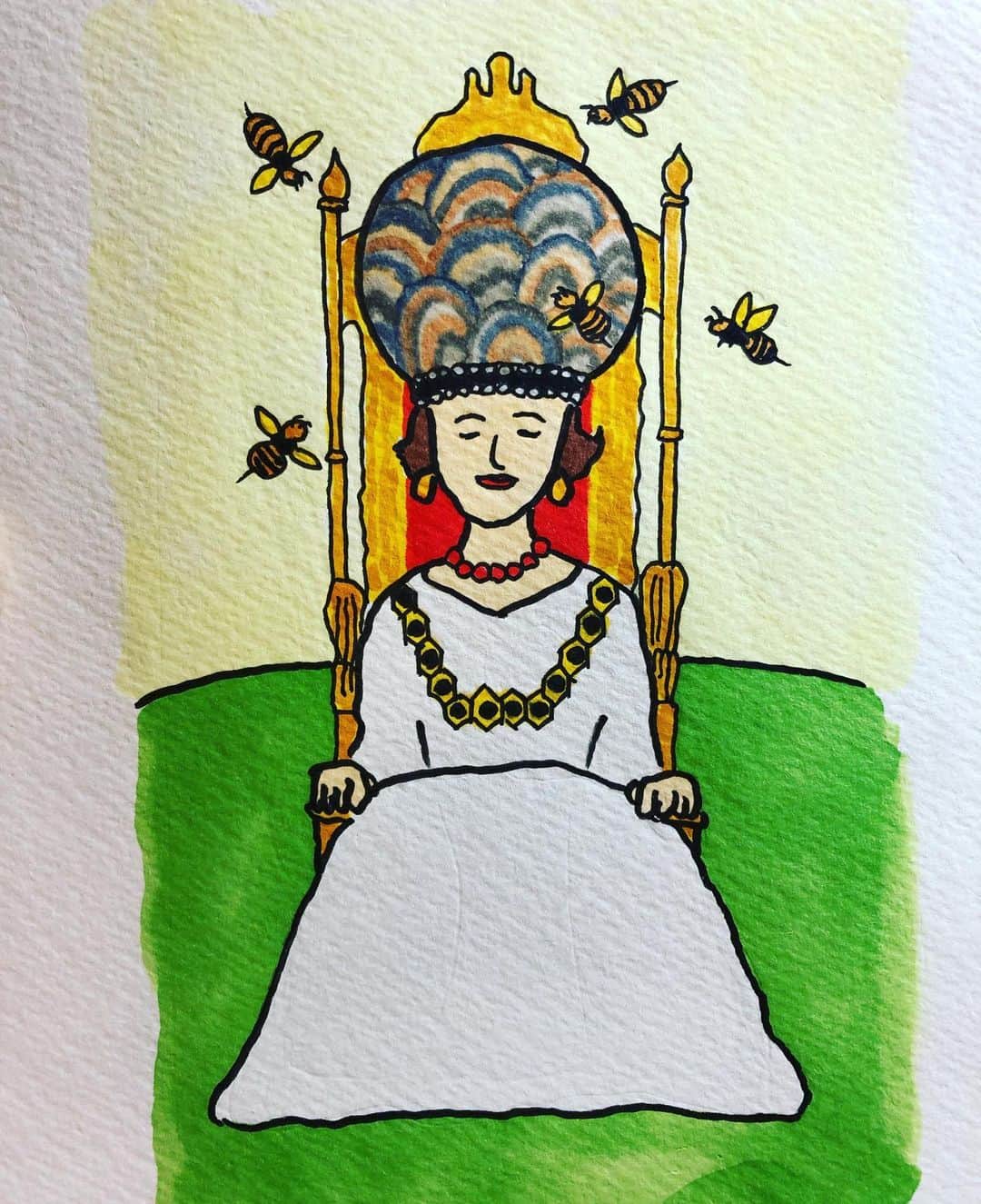 のインスタグラム：「【タロットカード④】  EMPRESS 女帝。  女帝といえば女王蜂。 そのまま女王蜂を描くのもあれなので、下半身を女王蜂にしようか…いや、ミノタウロスみたいに顔バージョンでもいいなぁ。いや、人間の核は脳。女帝といえば王冠。王冠が蜂の巣みたいにできる。  ってな感じでこうなりました。  描いてみて思いました。  #蜂の巣描くのめちゃ楽しい #あと74枚」