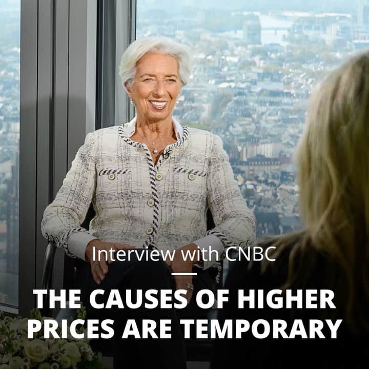のインスタグラム：「Many of the higher prices we are currently seeing are temporary, I explained in an interview with Annette Weisbach of @cnbc. We @europeancentralbank think prices will become much more stable in the year to come.  Read the full interview via the 🔗 in my bio.」