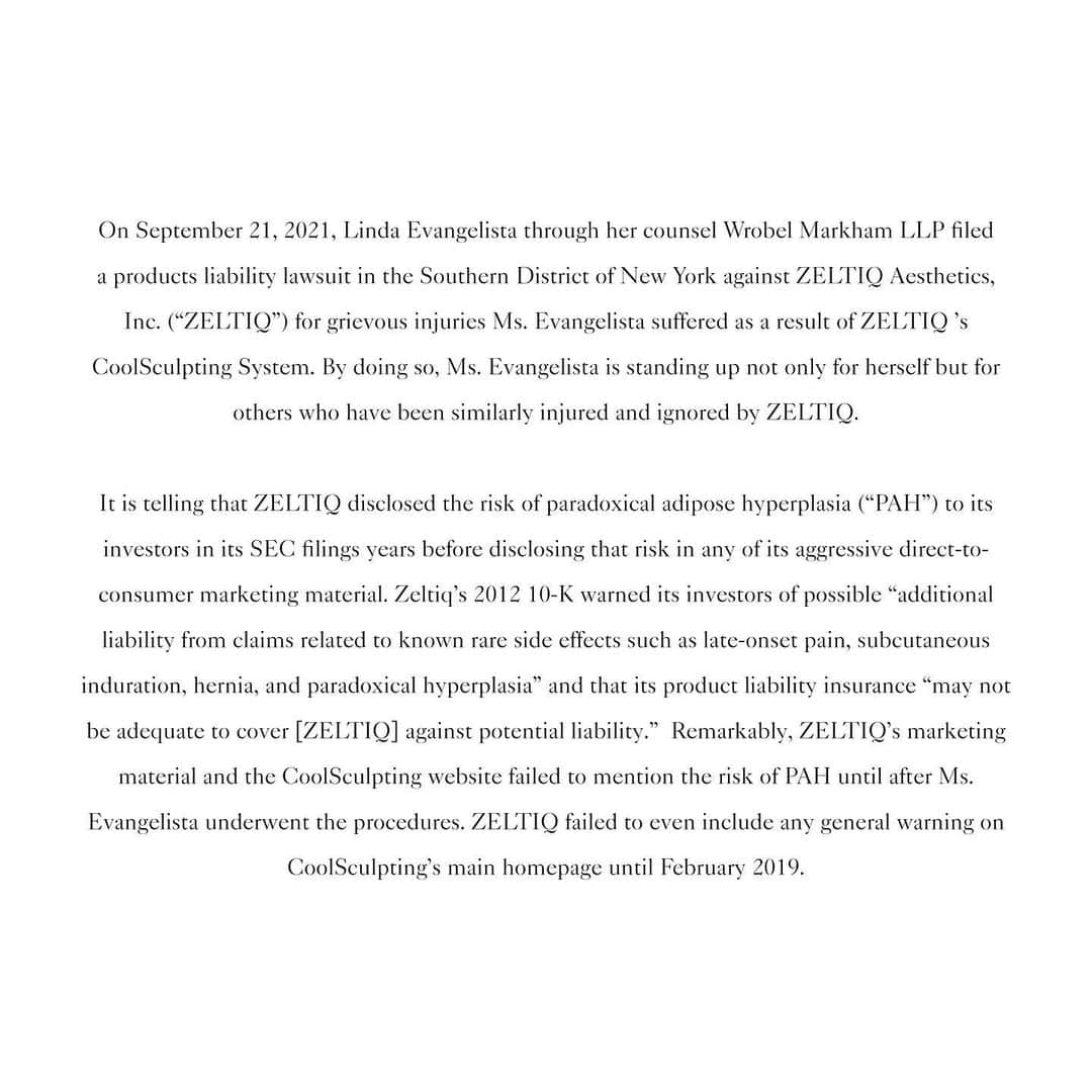 リンダ・エヴァンジェリスタさんのインスタグラム写真 - (リンダ・エヴァンジェリスタInstagram)「This is my attorney's statement about my case. The truth of my horrific ordeal will be told through the legal system and I offer my sympathy to anyone suffering, as I do, from PAH's painful, hardened masses which protrude from the skin wherever CoolSculpting was performed.  #TheTruth #MyStory」9月26日 5時54分 - lindaevangelista