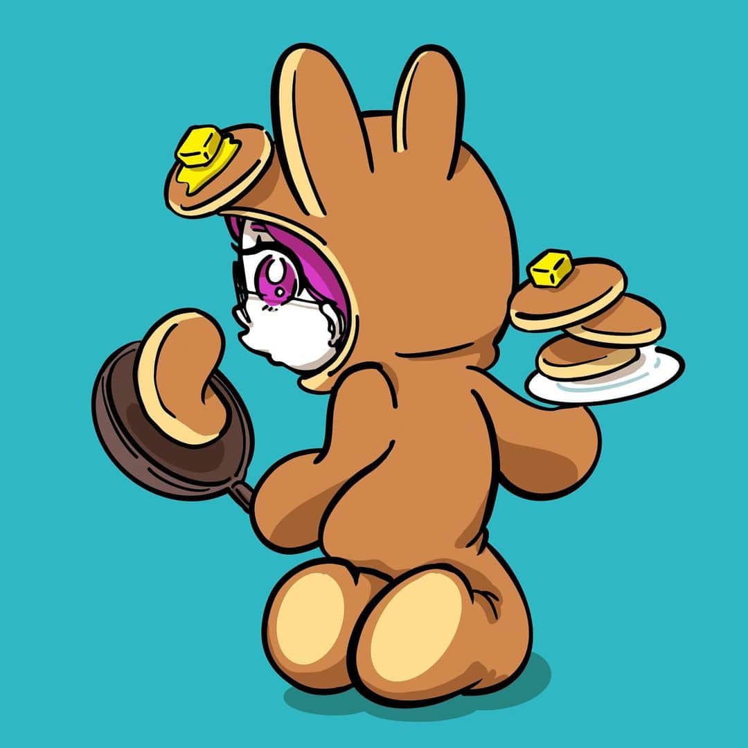 ふみのインスタグラム：「Ayako cooks a lot of pancakes very well! Why don't you ask her to cook for you?  This NFT has been minted by OpenSea. Please check it out!  あや子はパンケーキをとっても上手に何枚も焼くよ！あなたも焼いてもらってみたら？  このNFTはOpenSeaにMintしています。 是非覗いてみてね！！  #illustration #illustrator #illustrationartists #illust #art #mangaart #manga」