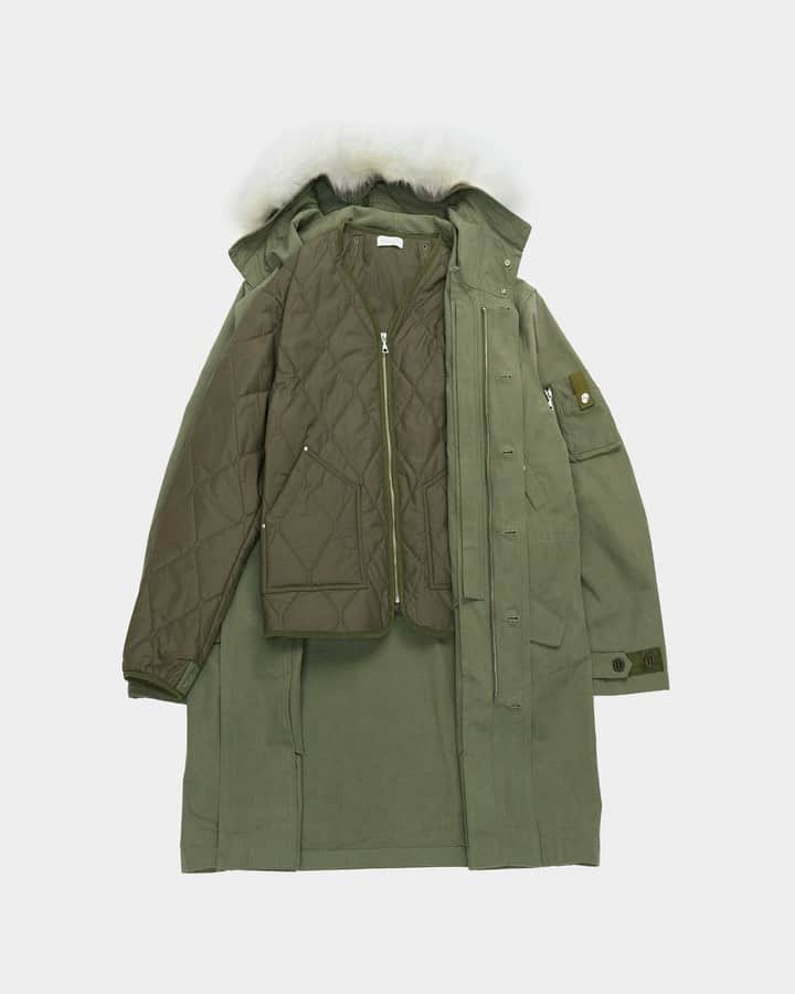 ジョン エリオットのインスタグラム：「N-3B Jacket. Each garment includes a detachable ThermoLite liner that can be fastened into the parka for added warmth, or worn as a stand-alone piece. Crafted in heavyweight military oxford fabric that's been washed for an aged look and hand..Design details include a zip closure, storm flap, multiple pockets, and detachable faux-fur trim at the hood. Available tomorrow at 8AM PST.」