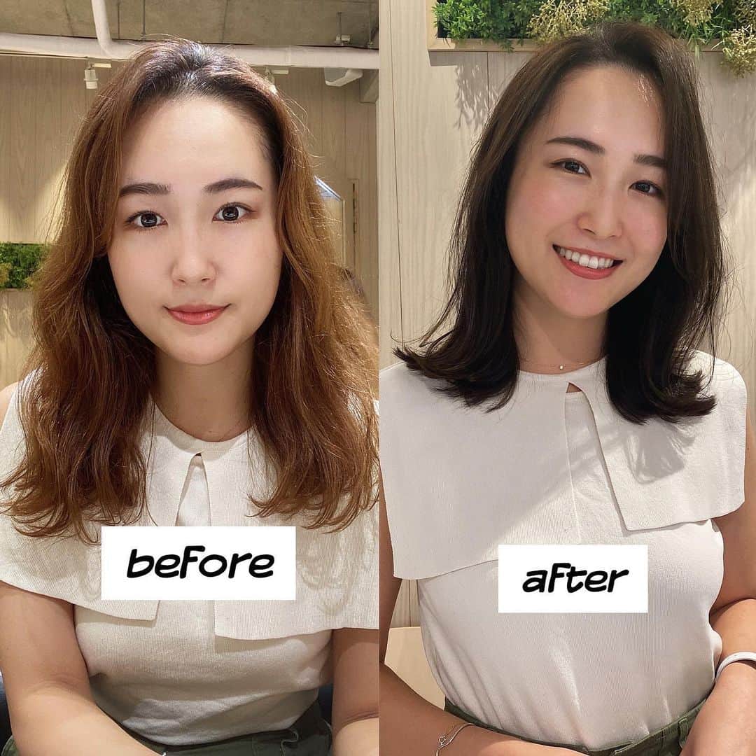 中野英菜のインスタグラム：「ヘアーの重要性★★★★★  表情と写りは確かに違うけど、 本当に同じメイクで、同じ環境で撮ったのに ヘアーだけここまで変わるの？って疑うレベルで、、、 改めて髪への重要性を自分で理解した🥺✨  私は髪細くてスーパー柔毛だから、 明るい+ロングはどうしても傷んで見えて、 綺麗に見えなくなる涙  韓国人みたいなハイトーンロングって憧れるけど、 自分に似合う似合わないって本当大事だよね😳  私のわがままで、明るめ伸ばしていたけども、 今回のイメチェンは阿部さん(@abe0106 )と いかに髪が綺麗に見えるかを相談して、 今回は大人ミディにして頂きました👏  ほーんとっ大正解🙆🏻‍♀️♡ いつも有難うございます！ Freera行った直後の自分が、 鏡を何度も見ちゃうくらい1番盛れてます♡笑  #ヘアー  #ミディアム #ヘアースタイル #表参道 #美容室 #ミディアム #韓国風 #ヨシンモリ #韓国 #ミディアムヘア #フリーラ #くびれヘア #大人ミディアム #omotesando #japan #freera #korean #hair #new #mediumhair #beauty #newhair」
