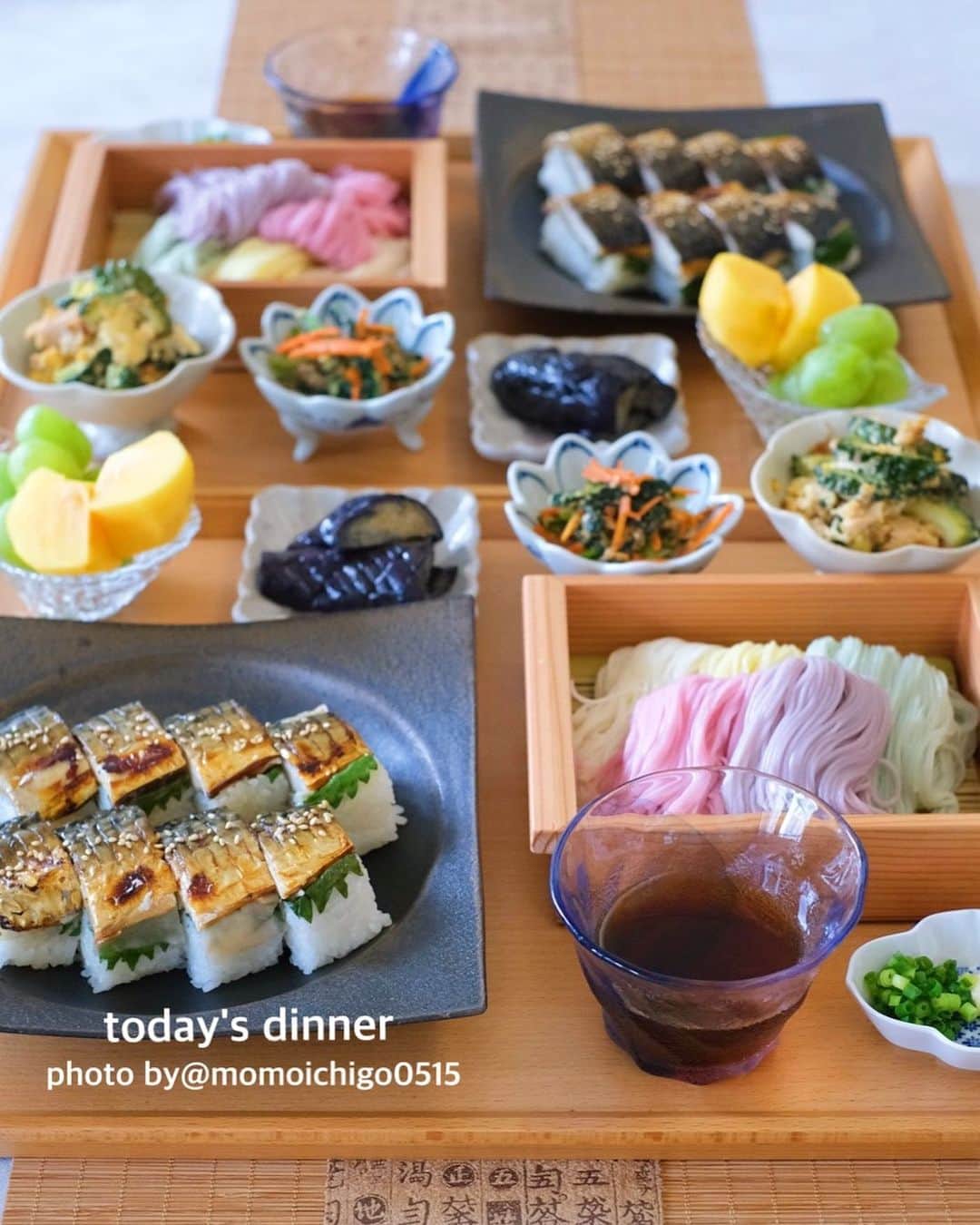 YASUKO TAKESUEのインスタグラム：「. こんばんは☺️💕. 今日の献立….. . . 🌟焼き鯖寿司 🌟5色そうめん 🌟ゴーヤチャンプル 🌟小松菜の胡麻和え 🌟茄子揚げ浸し 🌟フルーツ . . #晩ごはん#晩御飯#晩ご飯#夜ごはん#よるごはん#夕食#おうちご飯#うちご飯#おうちご飯lover#おうちご飯記録#食卓#手料理#手作りご飯#料理写真#器好き#器集め#献立#家庭料理#food#foodpic#foodstagram#foodphotography#followme#instagood #水野幸一 #古谷浩一」