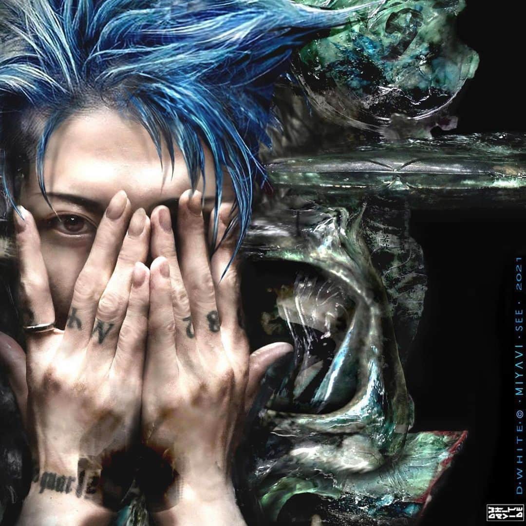 のインスタグラム：「Art piece by my friend, the legendary SFX Artist David White. WOW 🤯 Thanks David!!!! #Repost @alteredstatesfx ・・・ This is a mixed medium piece using organic resin sculpture/original photography and digital. This is the first of 3 Giclee print works based on the insanely talented musician and actor MIYAVI. Creating this triptic was a pleasure/celebration of a creative energy and positivity. #miyavistaff #miyaviART #jealousgallery」
