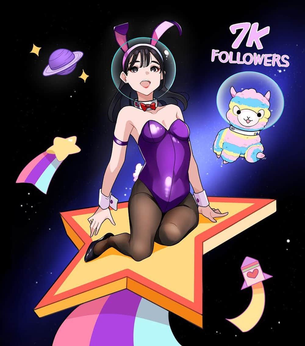 Rabiのインスタグラム：「We hit 7K+ followers on Twitch! 🥳 I LOVE YOU ALL 💜💜💜💜💜💜💜 Thank you 98noir on Twitch for an amazing artwork🎨to celebrate this milestone✨ Big thank you to @FiertfSandeto on Twitch for all the support🙏🏻🙏🏻🙏🏻」