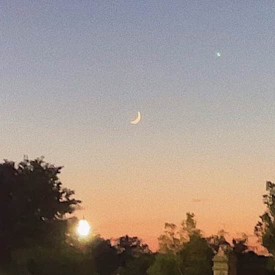 伊倉愛美のインスタグラム：「🌙🦩🌃 At dusk, the exquisite colors are cute. The delicate crescent moon was shining proudly💫  (This image of the sky was  taken yesterday,not today😂)  #magichour #sunset #マジックアワー #夕暮れの空」