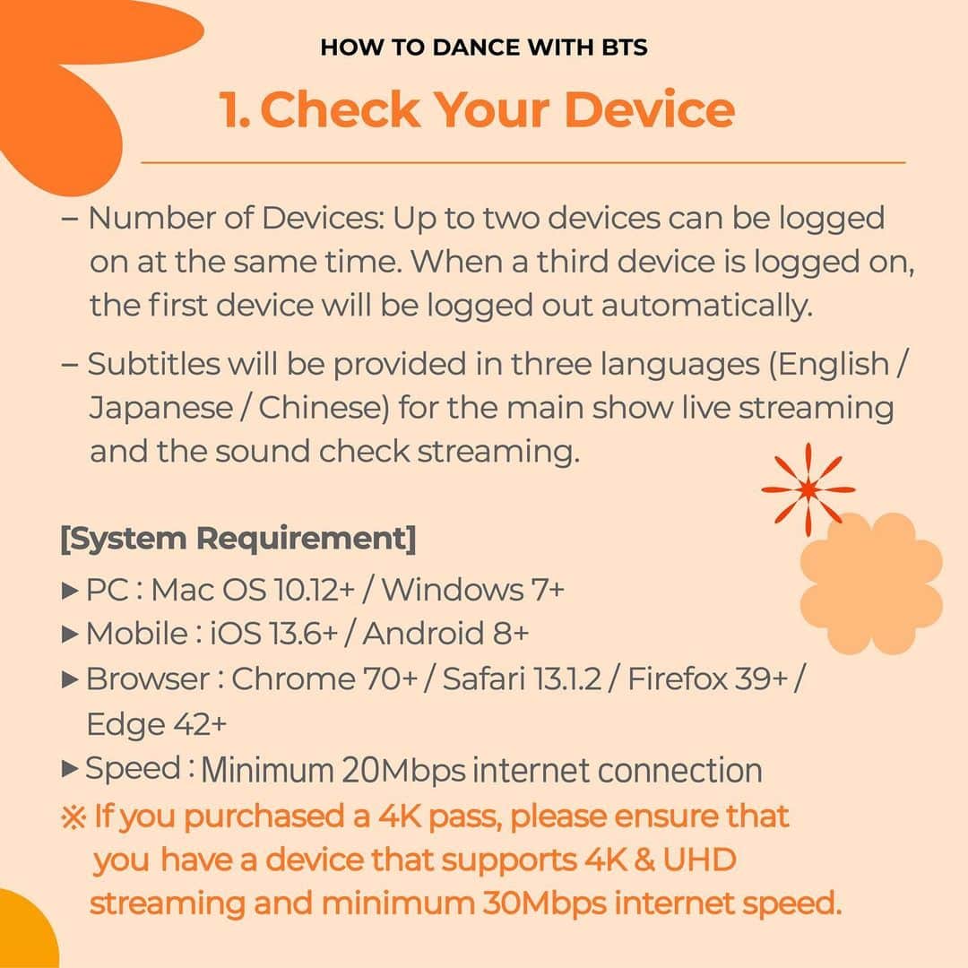 BTSさんのインスタグラム写真 - (BTSInstagram)「HOW TO DANCE WITH BTS - ONLINE STREAMING GUIDE  - 본 공연 일시(Main performance) : 2021. 10. 24. 6:30 PM (KST) - 사운드체크 스트리밍 일시(Sound check streaming) : 2021. 10. 24. 3 PM (KST)  1. 기기 확인 Check Your Device 2. 시청방법 Viewing Instructions 3. 사운드체크 스트리밍 Sound Check Streaming 4. 딜레이 싱글뷰 스트리밍 Delayed Single-view Streaming 5. 즐기는 자세 How to Enjoy BTS PERMISSION TO DANCE ON STAGE  #PTD_ON_STAGE #BTSCONCERT #PermissiontoDance #BTS #방탄소년단」10月19日 14時10分 - bts.bighitofficial