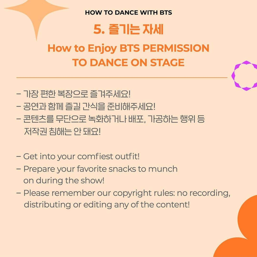 BTSさんのインスタグラム写真 - (BTSInstagram)「HOW TO DANCE WITH BTS - ONLINE STREAMING GUIDE  - 본 공연 일시(Main performance) : 2021. 10. 24. 6:30 PM (KST) - 사운드체크 스트리밍 일시(Sound check streaming) : 2021. 10. 24. 3 PM (KST)  1. 기기 확인 Check Your Device 2. 시청방법 Viewing Instructions 3. 사운드체크 스트리밍 Sound Check Streaming 4. 딜레이 싱글뷰 스트리밍 Delayed Single-view Streaming 5. 즐기는 자세 How to Enjoy BTS PERMISSION TO DANCE ON STAGE  #PTD_ON_STAGE #BTSCONCERT #PermissiontoDance #BTS #방탄소년단」10月19日 14時10分 - bts.bighitofficial