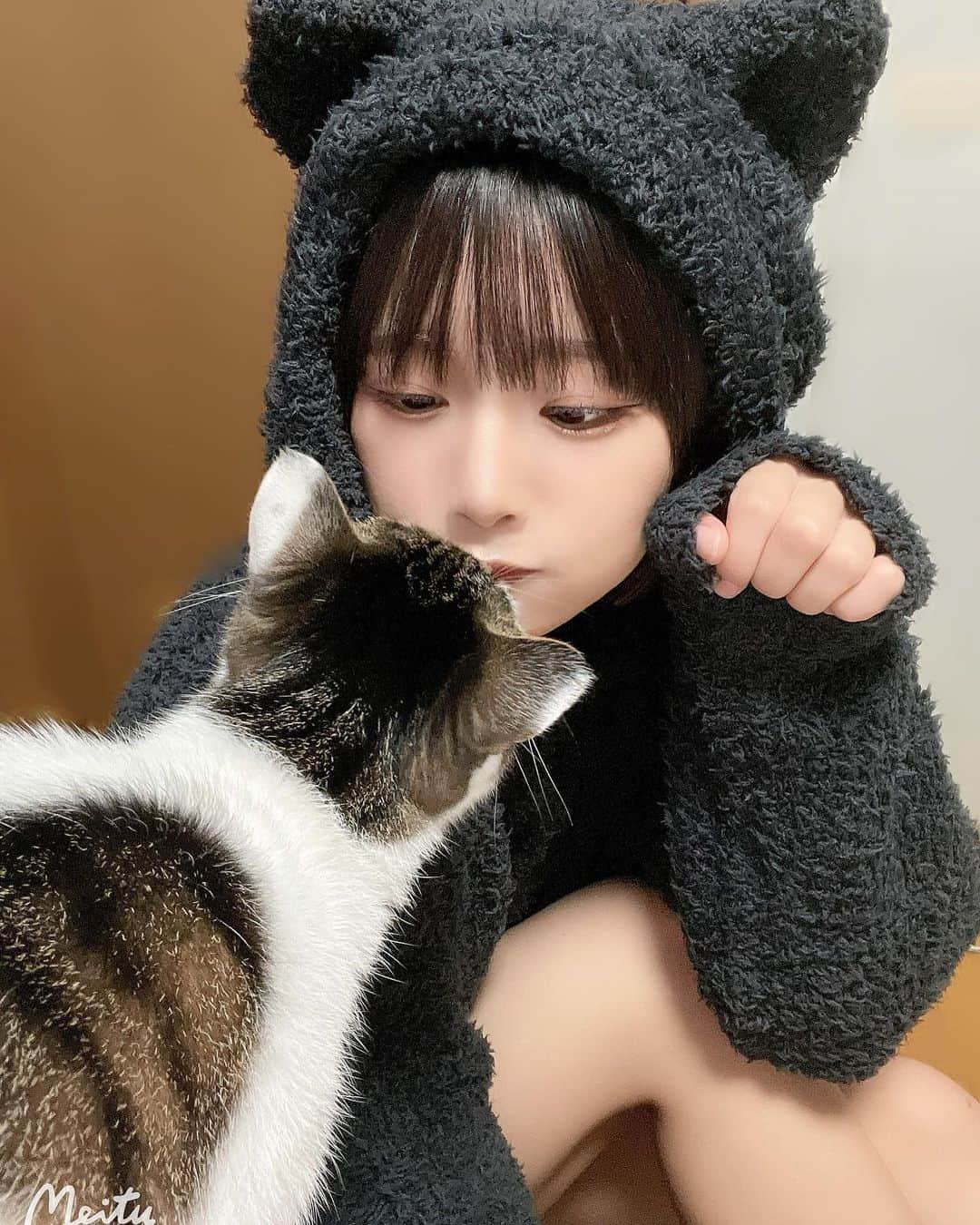 香月杏珠さんのインスタグラム写真 - (香月杏珠Instagram)「・ ・ ・ 猫の服着て写真撮ってたら本当の猫きた時の写真🐈笑  すごいより目笑  茶々さん‪^ . ̫ . ^‬♡♡」10月20日 18時36分 - anjyu_neko