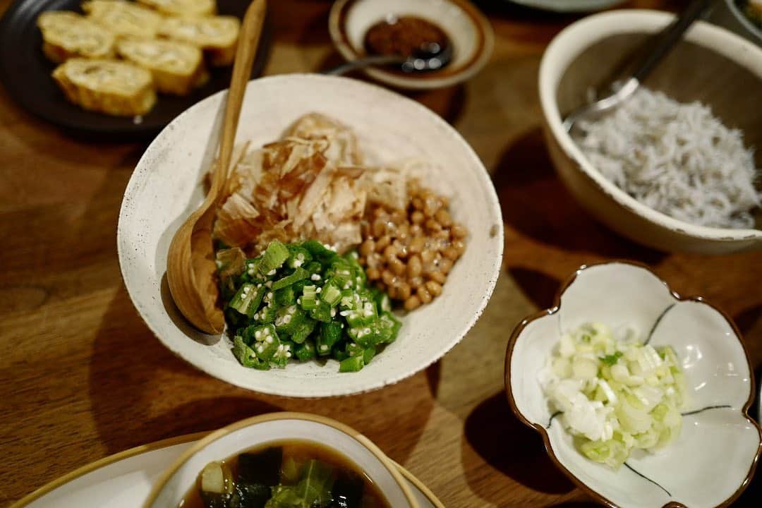 安田美沙子さんのインスタグラム写真 - (安田美沙子Instagram)「簡単なのばかり晩ごはん✨ 最近、子供達がオクラを食べてくれるので、よく登場します☺️🤍  葉山で買った釜揚げしらすがあればそれでよし！！  手作り味噌、手作り醤油麦麹、納豆。  小さい頃から腸にいい影響を与えて免疫の強い体づくりを 👦❤️  気づけば腸活ごはんでした☺️それにしてもシラスがおいしーい！！  #dinner #みさこクッキング #オクラ納豆　#腸活　#発酵　#新潟の実家のオクラ #葉山のしらす #幸せ　#手抜き　#二階堂さんの器」10月20日 23時30分 - yasuda_misako
