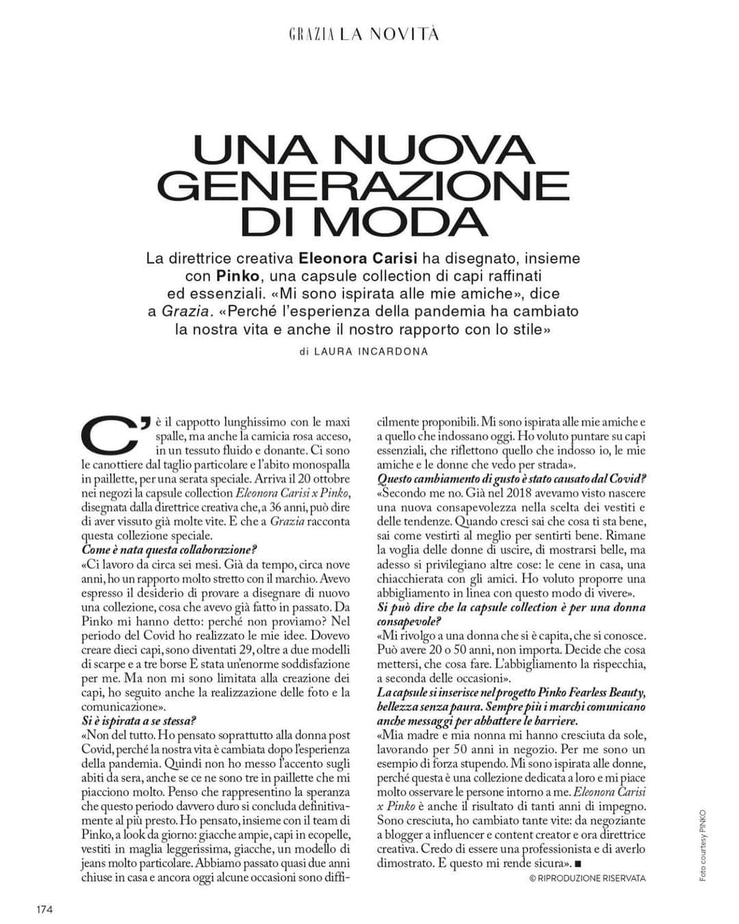 エレオノーラ・カリシのインスタグラム：「The inspiration comes from our new way of being women, especially after the experience of the pandemic that has changed our life and also our relationship with style. I turn to a woman who has understood herself, who she knows herself.   [ @grazia_it @silvia_grilli ]  #EleonoraCarisixPinko」
