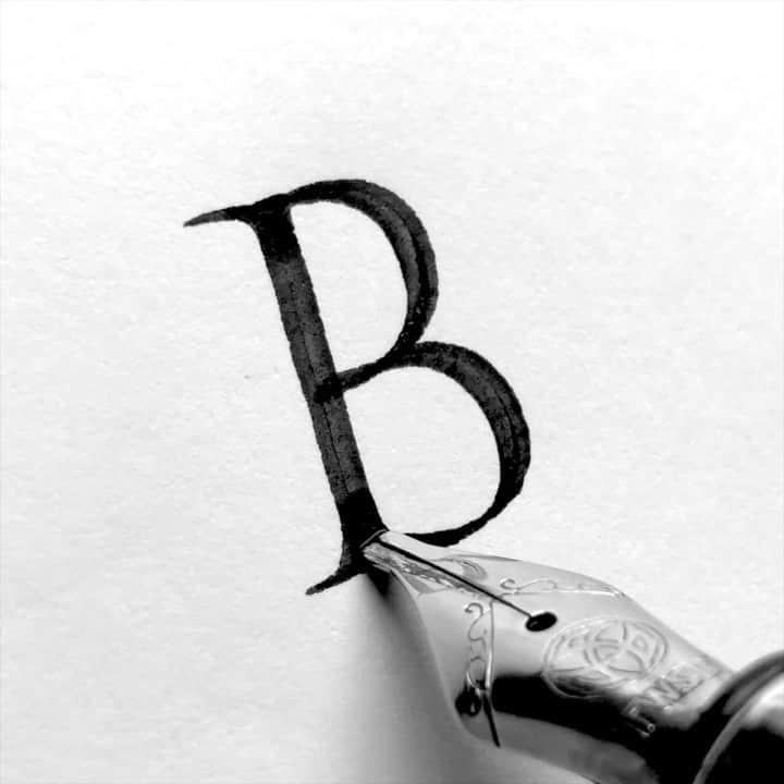 Seb Lesterのインスタグラム：「Examples of the letter ‘B’ through history. Rustic Capital, 1st Century — Roman Capital 2nd Century — Uncial, 6th Century — Textura, 15th Century — Chancery Script, 17th Century —  English Roundhand, 18th Century. Music is ‘Ability’ by @borrtex #calligraphy #lettering #seblester」