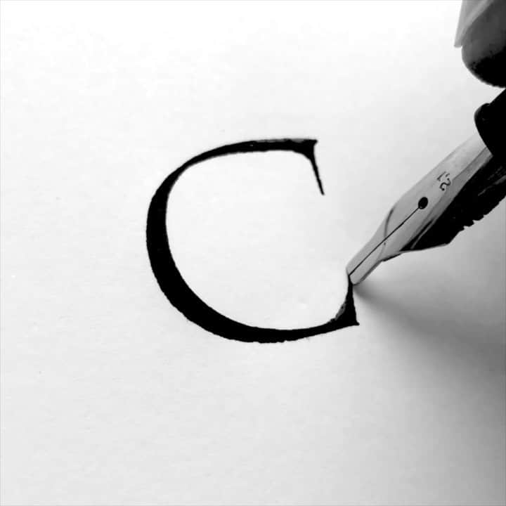 Seb Lesterのインスタグラム：「Examples of the letter ‘C’ through history. Rustic Capital, 1st Century — Roman Capital 2nd Century — Uncial, 6th Century —  Textura, 15th Century — Ronde, 17th Century — English Roundhand, 18th Century. Music is 'Ability' by @Borrtex #calligraphy #lettering #fonts #teach #learn #seblester #alphabet #pens #ink」