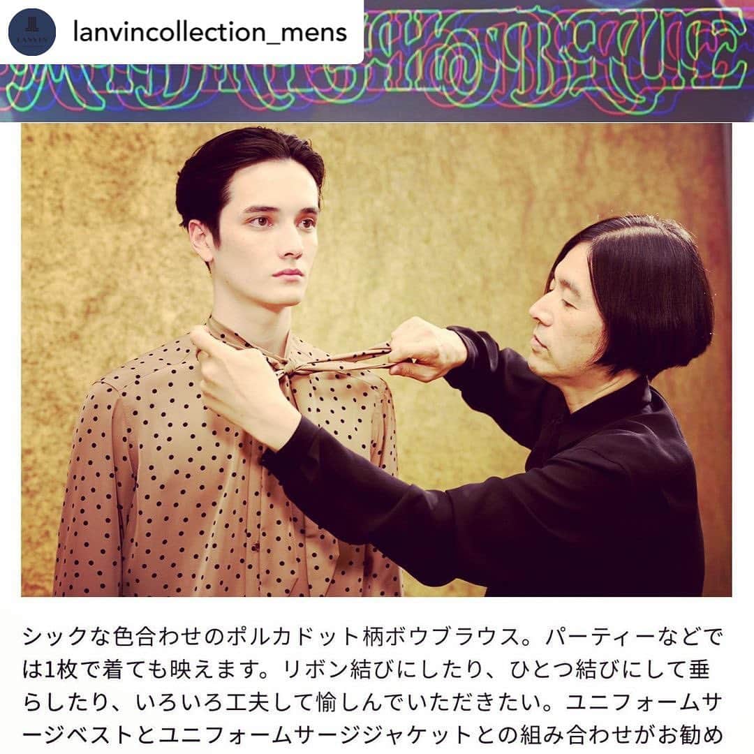 ジェイ・マクミランのインスタグラム：「Posted @withregram • @lanvincollection_mens   BRIAN BOW BLOUSEは、MIDNIGHTBLUEシリーズの中では、最も弾けたアイテムです。瞳の美しいJAYに着て貰いました。  @lanvincollection_mens  @jay__1115  @michael_enterprise  @jungotohair  @stsukezane」