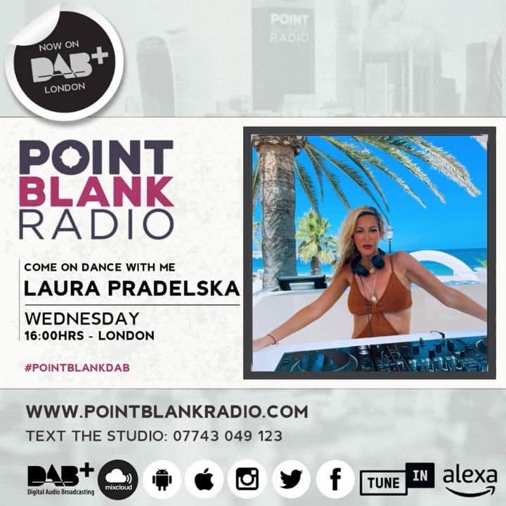 ローラ・プラデルスカのインスタグラム：「Today coming to you from The White Isle  On @pointblankfm from 4-6 pm UK time  L x  Big love to @jaylimusic @redwoodstudiosldn」