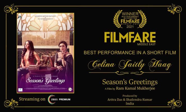 セリーナ・ジェイトリーのインスタグラム：「Overwhelmed!!   Won my first FILMFARE last night at the FILMFARE ( Middle East) Star Achievers awards in Dubai.   “BEST PERFORMANCE IN A SHORT FILM” goes to CELINA JAITLY HAAG for SEASONS GREETINGS- by Ramkamal Mukherjee.  It took 18 years as an actor, an 8 year break from Cinema, two twin pregnancies and overcoming the loss of my parents and son to win this award as an actor.   Thank you FILMFARE (ME), for giving this award to genuine hard work. I couldn’t make it for the awards to Dubai but this award certainly made it to my heart.   Thank you dear Mr  @rizwan.sajan , @manjuramanan @filmfareme from the bottom of my heart, I am so grateful for this honour.   I do not know where to begin but @ramkamalmukherjee you put your faith in  me at a time when I had lost faith in myself, I offer immense gratitude to the universe for your and our winning energy.   Thank you @lilletedubeyofficial for being the best costar ever and training me in your amazing workshops for our film.  Thank you to my wonderful producers  @imaritrads ( big hug), @shhailendra_kkumar and @mukherjeesarbani ( Baudhi) for being so wonderful and supportive.  Thank you costar s @khanazharofficial @shreeghatak for being such good colleagues.   Thank you to  our amazing #cinematographer @pravatendumondal for his genius work.    Thank you @masalachaidubai for costumes and @sabarni.das for styling my entire character 💕  My husband @haag.peter thank you for carrying me when I had no wings, my three sons @winstonjhaag @viraajjhaag @arthurjhaag for their magical energy and blessings of my dearly departed mom n dad. Rituda this film was a tribute to your journey and wherever you are i feel your blessings, It was my beloved mothers last wish for me to return to cinema … and I am back !!!!!!!!   For those who haven’t seen it yet Streaming now on @zee5premium  @zee5 @zee5mena @zee5africa @zee5apac @zee5cac   #celinajaitly #celina #celinajaitley #seasonsgraatings #filmfare #filmfareawards #filmfaremiddleeast #filmfaremiddleeastachievers #bollywood #ramkamalmukherjee #filfareme #dubai」