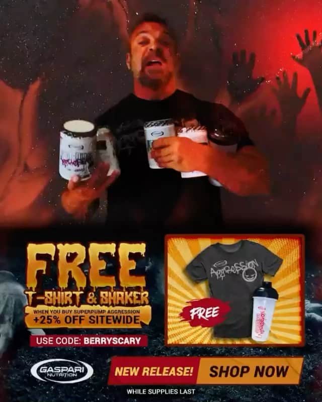 のインスタグラム：「Repost from @gaspari • Rich Gaspari reminds you that This Weekend Gaspari Nutrition is getting BerryScary!!   Save 25% off site wide and use the code BerryScary to get a free Aggression T-Shirt and Aggression shaker!! 🎃👻💀☠️🦹🏻‍♂️🥷🏼🧛🏽‍♂️🧟  • • Shop Now at www.gasparinutrition.com • • Have Fun, and Be Safe!! • • #HappyHalloween #Gaspari #GaspariNutrition #TeamGaspari #Deal #holiday」