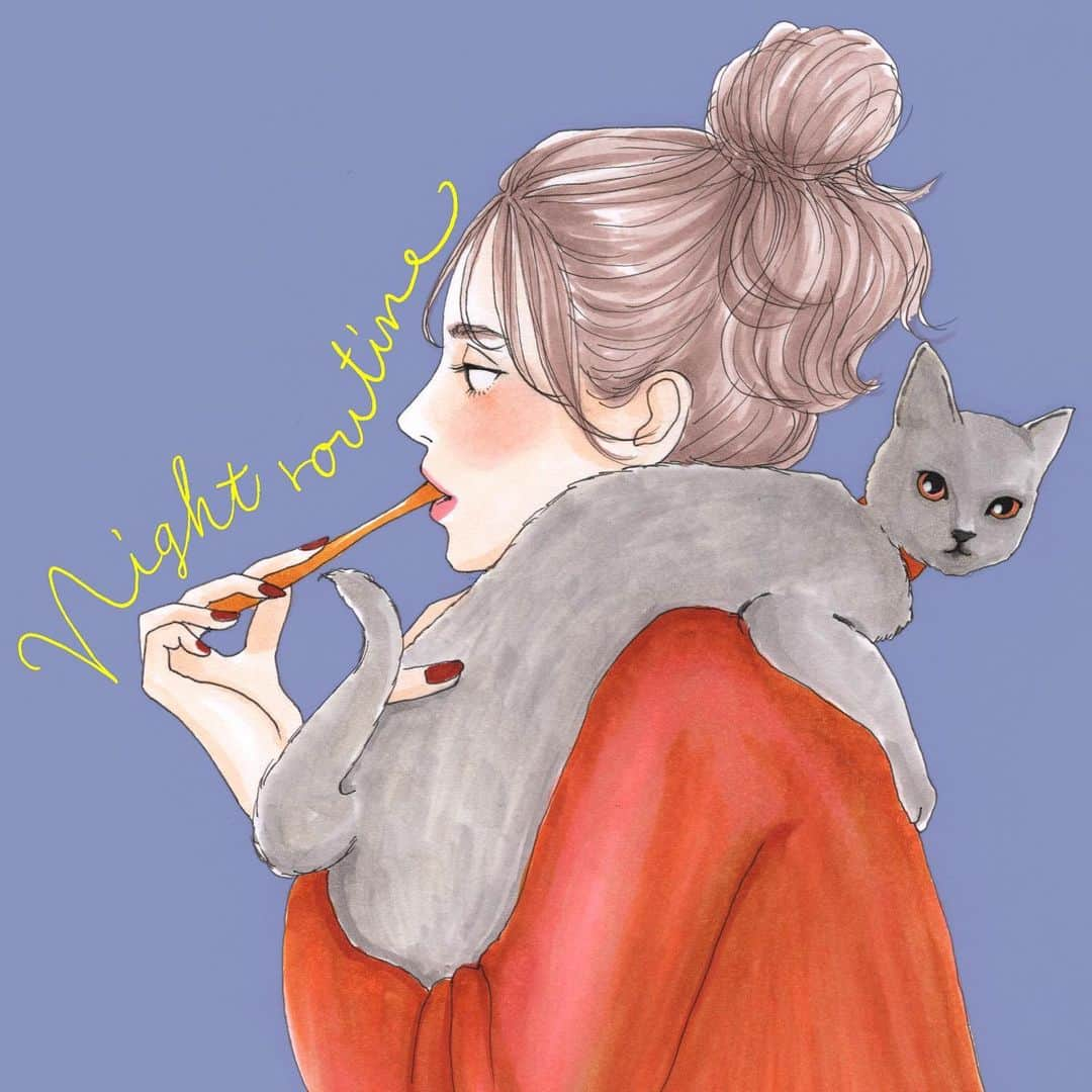 machiさんのインスタグラム写真 - (machiInstagram)「願望が現れまくってる絵。 * 疲れて帰ってきてんのに歯磨きする時とか私が立って何かしてるとうちの猫さんったら、よじ登ってくるから邪魔だし痛いし重いわ〜けど可愛いから許す！ って言ってみたい。 * 11月もどうぞよろしくお願いします。 * * * * * #isuta#おすすめコスメ#コスメ#化粧品#コスメイラスト#メイクイラスト#メイク#猫#Illustration#watercolor#watercolorpainting#pen#pendrawing#drawing#copic#イラスト#ペン画#コピック#machicosmeillust」11月2日 18時21分 - material_2014