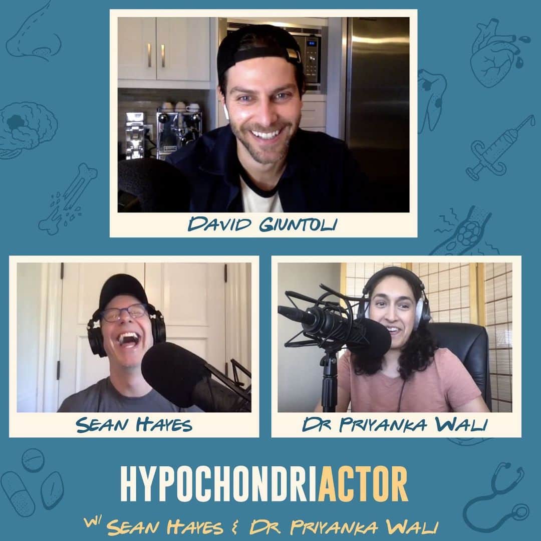 デヴィッド・ジュントーリのインスタグラム：「Friends. I’m on my friend @seanhayes podcast @hypochondriactor !  Sean was an executive producer on #Grimm & is the gentleman who arguably gave me my career & now he is in the business of weaving gold out of thin air.   Had a snappy/ educational little chat with Sean & the hyper talented Dr. @walipriyanka about how/ why I became deaf in my left ear. Seriously, my eyes hear better than ole lefty.」