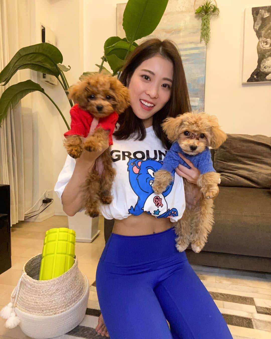 のインスタグラム：「かぼまる🐶とこむぎ🐶🎀を お迎えしてからジムに行く余裕が💦 (ただ寒いから家出たくないだけ🤫) 家でもなかなかやる気になれなくて やる気スイッチ入ったらすぐ動けるように家でもウェア💙 大好きな🧸ちゃん。 @ground_n_ace  紐付きスウェットパンツは全部ボロボロになりました😊 レギンスだと悪戯されない🙆‍♀️🙆‍♀️  みなさーん📣 私に喝を入れてください🧸  #3枚目のこむぎがツボ  ・ ・ #groundnace #ground_n_ace #グランダンエース#宅トレ#お家トレーニング」