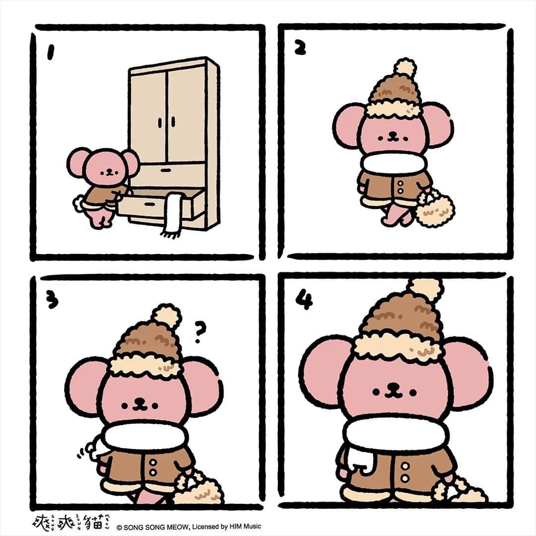 爽爽貓 by SECONDのインスタグラム：「今天特別暖  #爽爽貓 #ソウソウネコ #そうそうねこ #SONGSONGMEOW  #凹凹熊 #ĀooĀooBEAR #くまのあうちゃん  #bySECOND #wuchengan #comic #scarf #圍巾」