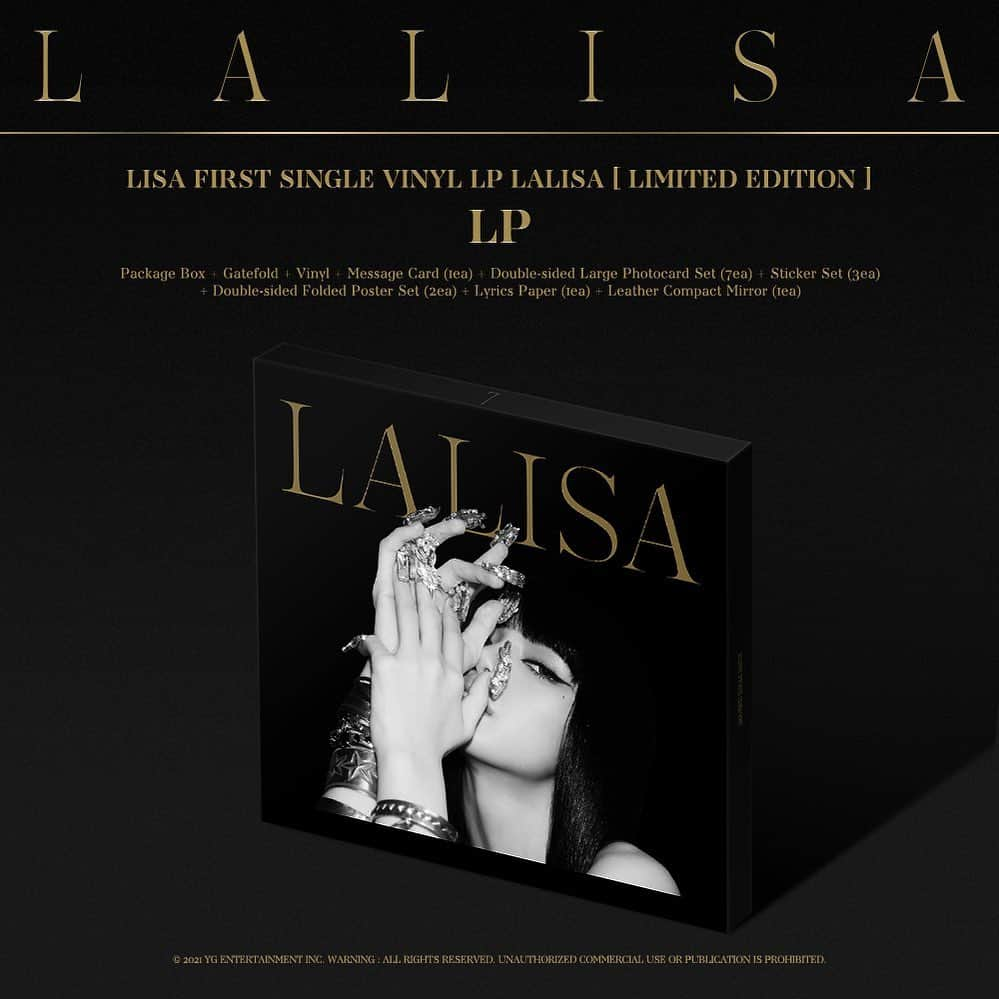 BLACKPINKさんのインスタグラム写真 - (BLACKPINKInstagram)「LISA FIRST SINGLE VINYL LP -LALISA- [Limited Edition] 💽 ⠀ == ⠀ Release Date: 12/27 Pre-Order: 8/26 - 9/9 ⠀ VINYL LP includes: - Package Box - Gatefold - Vinyl - Message Card (1ea) - Double-Sided Large Photocard Set (7ea) - Sticker Set (3ea) - Double-sided Folded Poster Set (2ea) - Lyrics Paper (1ea) - Leather Compact Mirror (1ea) ⠀ == ⠀ #LISA #리사 #BLACKPINK #블랙핑크 #FIRSTSINGLEVINYLLP #LALISA #20211227 #RELEASE #YG」11月30日 12時00分 - blackpinkofficial