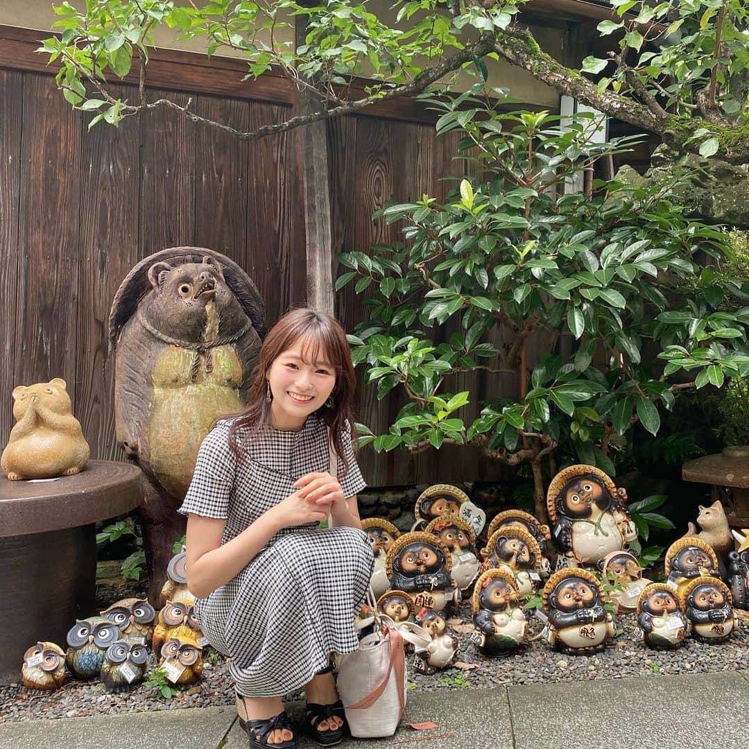 のインスタグラム：「. 今日11月8日は、信楽たぬきの日！  たぬき好きとしては記念日です🤲 これは京都で見つけたたぬき達✨ 清水寺の近くのお店の近くにあったんだ〜🐒  信楽焼といえば滋賀県だけど、実は京都の陶芸家さんが縁起物として作ったのがはじまりと言われているんです😏 京都一乗寺にある山寺狸谷山不動院にも行きたかったけど遠すぎた😢  そして、3枚目の写真のようにたぬきの持ち物や姿にはそれぞれに意味が込められていて、福を呼ぶ「八相縁喜」と言われてるんです！ 一家に一台置きたいよね🥺  いつか滋賀県にある「信楽陶苑たぬき村」にも行ってみたいなぁ✈️」