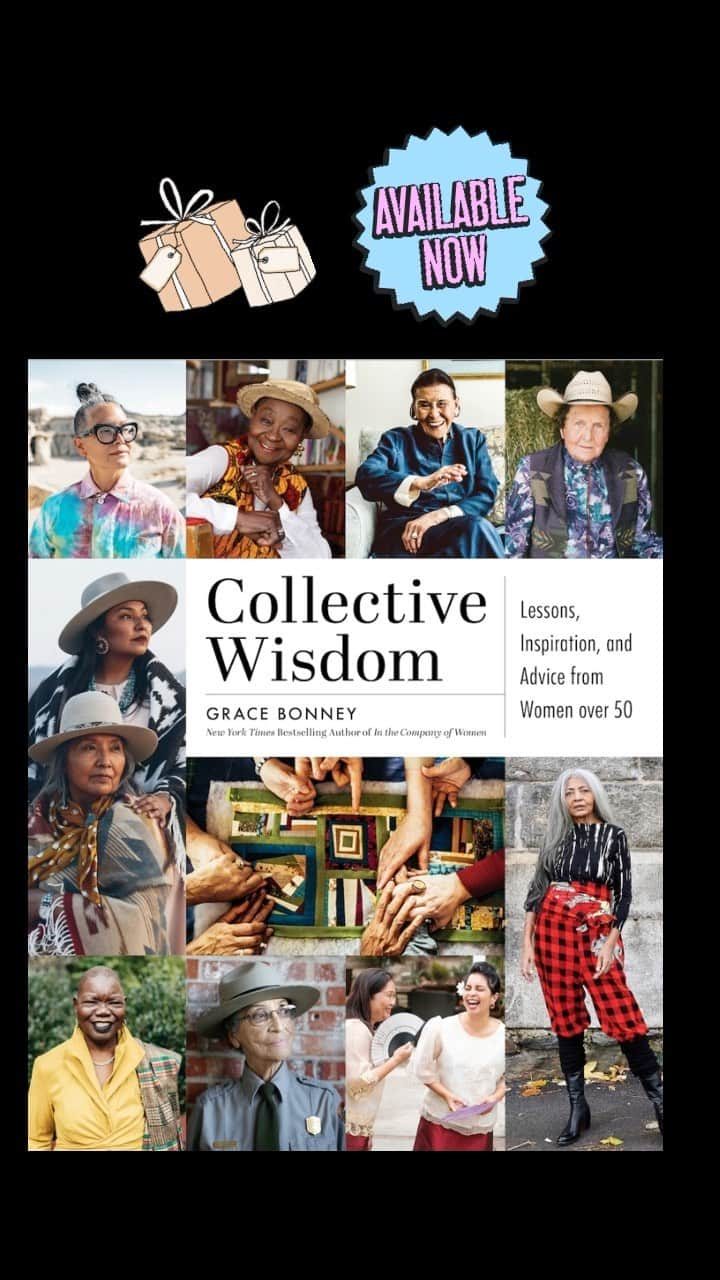 Grace Bonneyのインスタグラム：「Good morning! Today I am thrilled because my new book, Collective Wisdom, is officially out and in stores! Collective Wisdom Collective is a collection of interviews, conversations and portraits of over 100 women between the ages of 50-106.   This book is chock-full of lessons, advice and much needed insight from a diverse group of women.  Over 70% of the book celebrates women of color, disabled women, queer and trans women.   From Olympic athletes and award-winning film makers to beloved community leaders and activists, Collective Wisdom celebrates the stories of those who have been there and know the road  Collective Wisdom also celebrates the importance of intergenerational connections between women, with interviews conducted by daughters, friends, mentors, and colleagues.   Collective Wisdom was and is a community project and 50% of the book’s profits will be shared with the women in its pages in perpetuity. ♥️  You can order copies worldwide (including signed and personalized copies, great for gifts!) in the link in my bio. Please spread the word if you can. Thank you! Xo, Grace #collectivewisdombook」