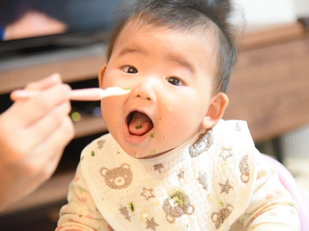 森脇亜紗紀のインスタグラム：「#離乳食 🥣🤍 一生懸命食べてくれる姿が 愛おしい ☺️👶🏻♥️笑 生後5ヶ月を過ぎてスタートした 離乳食ですが、3週間経っても まともに食べてくれず、、、 喜んで食べてくれるのかな〜！と 楽しみにしていたものの撃沈😇笑 ・ 色々調べたり試行錯誤の末に、 スプーンのサイズを変えてみたら 突然食べてくれるようになりました😭❤️ お口のまわり凄い事になってますが😵🙇🏻‍♀️笑 今では何でも喜んでパクパク 完食してくれて嬉しい母🥺🤍 最近は歯が生え初めたり、 ずり這いでハイハイの様に移動したり 成長の早さにびっくりです☺️ #離乳食#離乳食デビュー#離乳食記録  #離乳食初期#ゴックン期 #生後6ヶ月#女の子ベビー #4月生まれベビー#女の子ママ #ベビスタグラム#ベビフル いつもコメントありがとうございます🥰」