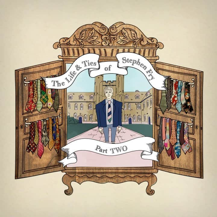 スティーヴン・フライのインスタグラム：「By my last year at Queen’s College, by which time I was the president – or ‘Senior Member’ – of the Queens’ College Cherubs dining club. One of the features of the initiation ceremony was to tell the club what we would do to glorify the name of the Cherubs in later life and I said, little thinking I could really make it happen that I would wear the tie on TV. But luckily I was very quickly as good as my word and wore it on University Challenge in 1980. Queens’ College colours are dark green and white, hence the Cherubs tie’s green stripe. Then there’s blue for the heavens and cherub pink.  Inspired by my lockdown Instagram posts, my new book #FrysTies delves into my colourful collection of ties - and the even more colourful tales that accompany them 👔」