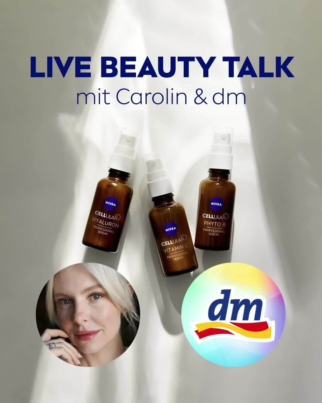 NIVEA Deutschlandのインスタグラム：「Wir gehen live mit @dm_deutschland & @carolinlauffenburger!  Wann: Morgen, 18.11.2021, 12 Uhr  Im Live Beauty Talk mit dm, Caro und unserer Expertin Isabella erfahrt ihr alles rund um die neuen Cellular Professional Seren. Wir zeigen Routinen, geben Anwendungstipps und vielleicht gibt es auch etwas zu gewinnen. Schreibt uns eure Fragen doch schon einmal in die Kommentare! #NIVEA」