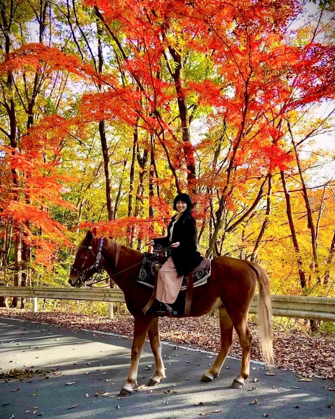 いけながあいみのインスタグラム：「お馬さんに乗って紅葉狩りしてきました🍁🐴✨  めっちゃリフレッシュできた♡  *  I enjoyed the red leaves and horse riding 🍁🐴✨  #乗馬女子　#horseriding #redleaves #紅葉　#紅葉狩り　#乗馬　#秩父」