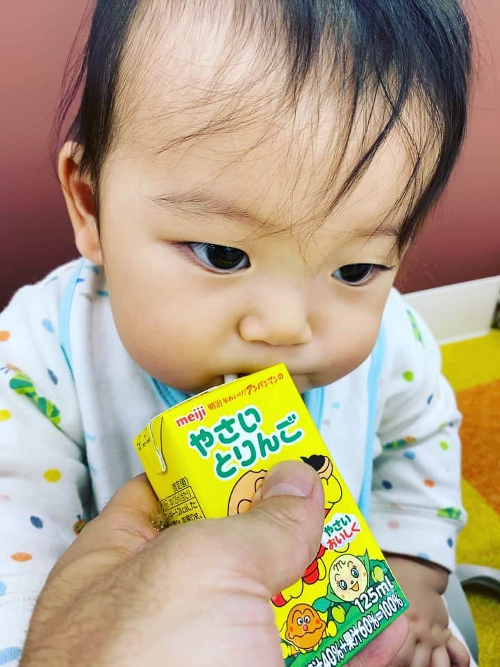 岡田義徳のインスタグラム：「始めてのジュース。  始めてやさいとりんごジュースを飲みました。  ずっと飲んでいたい味でした。  #アンパンマンやさいとりんご  #初ジュース #赤ちゃん目線」