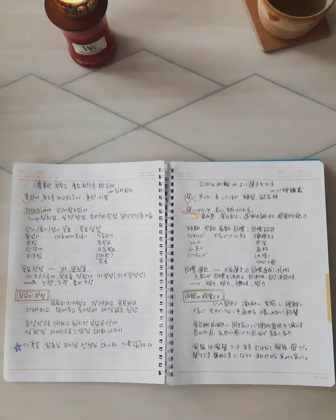 阿部美穂子さんのインスタグラム写真 - (阿部美穂子Instagram)「📒 先日 息子達の⚽️チーム>> 韓国サッカー連盟を通じて 保護者対象の心理＆栄養の オンライン講義を受けました。 とても有意義な学びの時間を まず心理、精神的な部分から 一部ノートにまとめてみました。 忙しい日々の中でも  ふとした時間に読み返し 常に 心がけたいと思います。 講師の方から 目標設定の 例として 挙げられたのが 大谷翔平選手の目標達成シートです。  立派ではなくても、 力になれる そんな母でありたいと 願い 努力したいと思います。  학보모 심리/영양 비대면강의💻 너무 뜻깊은 배움의 시간을 감사드립니다  훌륭하지는 않더라도 힘이 될 수 있는 그런 엄마였으면 하고 그런 노력을 매일하고 일상 같이 즐기길.  #長男#大会1日目#学校作品 #目標#努力#選択#想像#補強 #心に刻みたい#言葉#一生学習」11月21日 16時02分 - miiko904