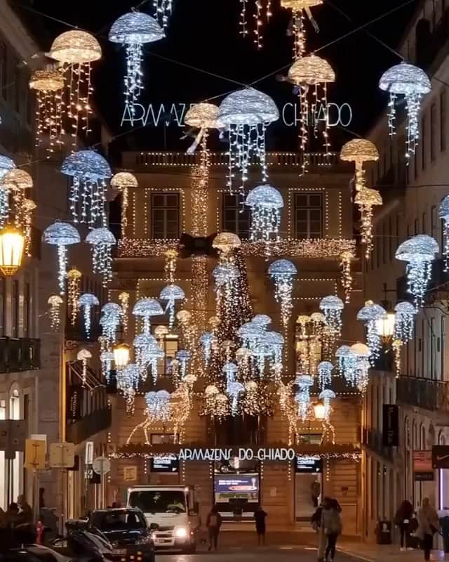 ダニエラ・ルーアのインスタグラム：「I HAD to repost this from @lisboalive because I miss home and these Christmas decorations are simply beautiful…  . TIVE de repostar este video do @lisboalive porque tenho saudades de casa E são decorações de Natal belíssimas… . #jellyfish #lights #home #Beauty #lisbon #lisboa #natal #inverno #beleza #saudades #alforrecas #chiado」