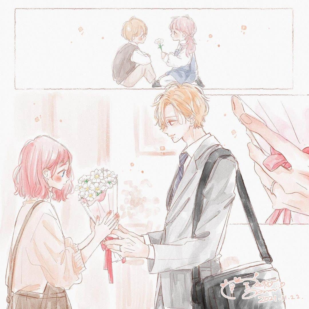目黒あむのインスタグラム：「⁡ いい夫婦の日🌸 ⁡ 11月22日のお花がマーガレットらしいのでマーガレットと迷ったけど、千花は思い出を大事にする乙女男なので思い出のコスモスを…😌✨ ⁡ ポッキーの日のイラストたくさん見て頂きフォローもたくさん感謝です🙏今も過去キャラ達を覚えていてくれて、喜んで頂けて本当に嬉しいです☺️新しい漫画も頑張ります！コメントなどもありがとうございました〜！（ちまちま♡お返しします🙏） ⁡ #てをつなごうよ #いい夫婦の日 #少女漫画」