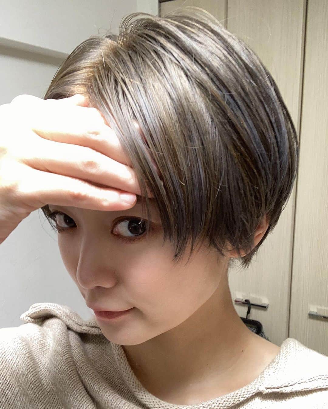 芹川有里のインスタグラム：「髪色ーーー！ 寒色にしてもらいました！！！✨ 家のライトの関係でちょっとわかりにくいけどシルバーアッシュっぽく☺️☺️☺️ 長さは変えずに襟足と量だけ取ってもらいました✂️ そして珍しく前髪長め、、、！✨ 次はばっさりオン眉にするか見送るか、考え中💇‍♀️ 美容師さんってほんとすごい、いつもありがとうございます！！！ . #美容室 #ショートヘア #シルバーアッシュ #表参道美容室 #dydi」