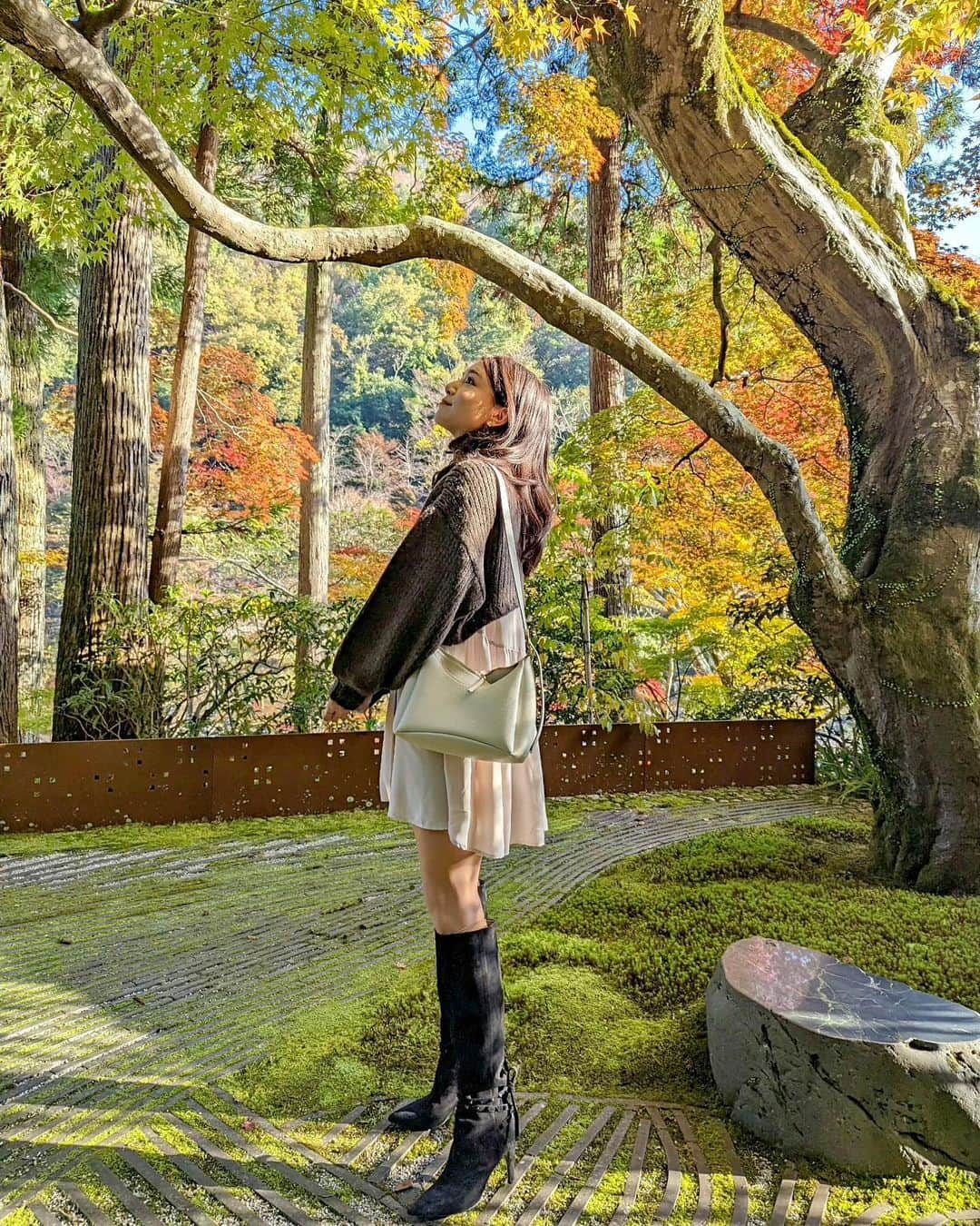 石井里奈さんのインスタグラム写真 - (石井里奈Instagram)「こんにちは☀️ . 今日は京都編✨ 秋の紅葉と秋コーデ🍁💛 . 星のや京都の奥の庭で✨ 白砂の中に縦に埋め込んだ瓦を砂紋に見立てた、現代の枯山水ともいうべき斬新なデザイン✨嵐山の紅葉と大堰川も眺められてとっても癒されました💕 . dress... @mercuryduo_com  boots... @maisonvalentino  bag... @polene_paris  . マーキュリーの3WAYニットセットバックティアードミニワンピース👗 今流行ってる丈の短いニットとワンピースコーデ🧡ニットは表裏着られて、下のワンピだけでも🙆‍♀️✨ . 最近足細くなったねって言われて嬉しかったのでミニ丈も着られて嬉しい！ @douce___0203 で月2回オーダーメイドボディコース受けてるんだけど、自分の体にあった施術してくれておすすめ💛私の場合は足に水が溜まりやすくてその下に脂肪があるからまずは水抜きからしてるよ🙆‍♀️ モニター募集もしてるみたいだからチェックしてみてね💕 . 今日はおなつと小旅行❤️✨ 楽しんできます🥰 . #りなまるコーデ #mercuryduo #マーキュリーデュオ #秋コーデ #秋服コーデ #ニットコーデ #脚痩せ #足痩せ #ブーツコーデ #星のや京都 #星のや #hoshinoya #京都紅葉 #嵐山 #kyoto #京都 #京都旅行 #京都観光 #京都散策 #京都ホテル #庭 #石庭 #valentino #polene #poleneparis #紅葉 #紅葉スポット #紅葉狩り #嵐山観光 #枯山水」11月23日 12時12分 - ri7tin1025