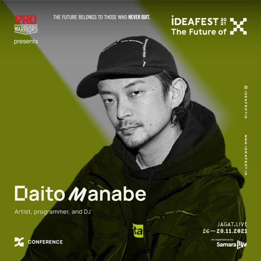 のインスタグラム：「The one we’ve been waiting for, Daito Manabe! The Artist, Programmer, and DJ! He’s going to join us as the #IdeaFest Conference speaker!  Manabe's work, which spans a wide range of disciplines, offers a fresh look at everyday materials and phenomena. However, by recognizing and recombining these recognizable essential building pieces, his eventual goal is not simply rich, high-definition realism. He also, has owned a studio @rhizomatiks.  Rather, his work is informed by rigorous observation in order to uncover and illuminate the essential potentialities inherent in the human body, data, programming, computers, and other phenomena, examining the interrelationships and borders that separate the analog and digital, real and virtual.  Want to know more about his unique way of thinking? Then, don’t miss the chance by securing your ticket(s) now only at www.ideafest.id!  #IdeaFest #IdeaFest2021 #TheFutureofX」